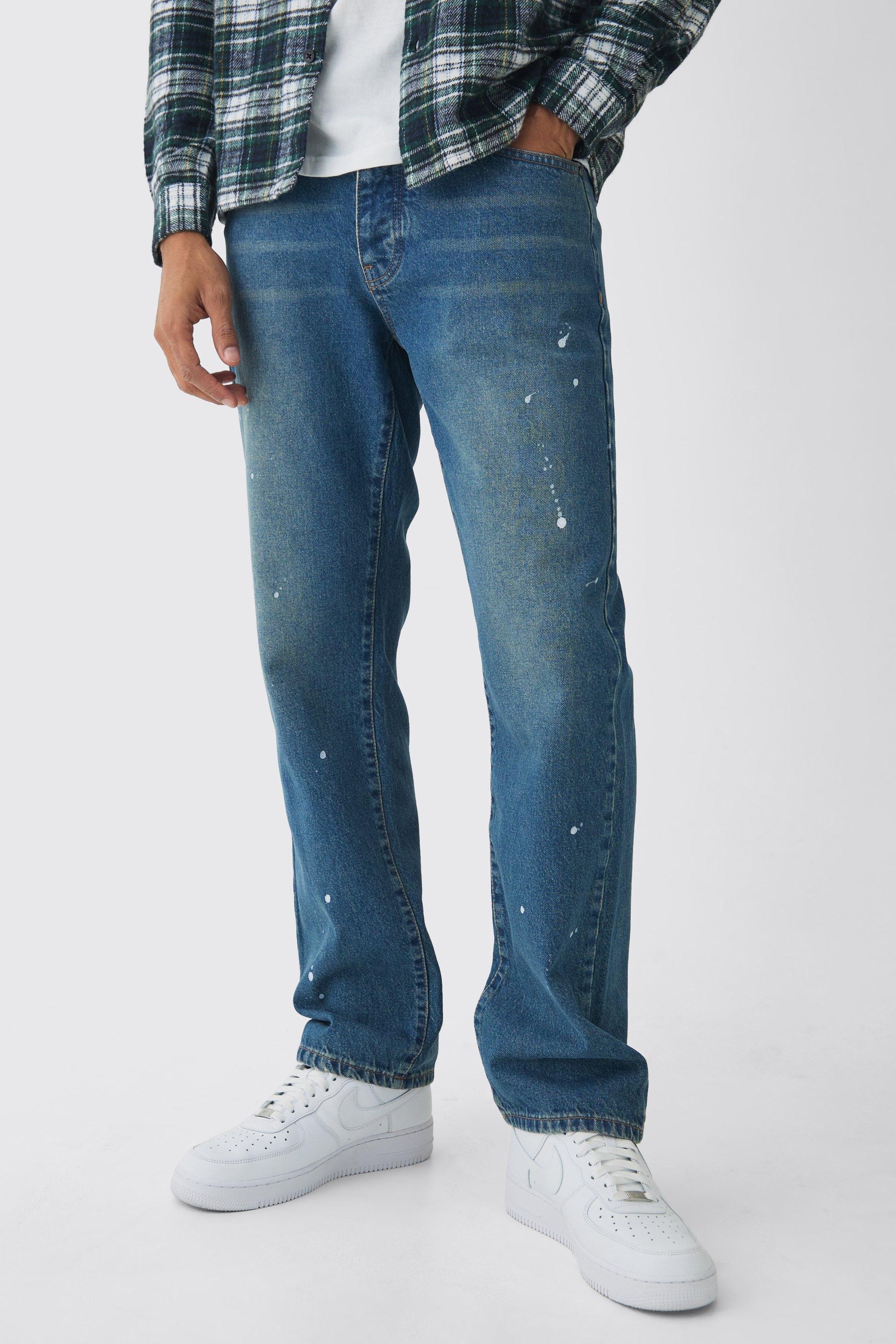 Mens Blue Straight Leg Paint Splatter Jeans With Tonal Embroidery, Blue